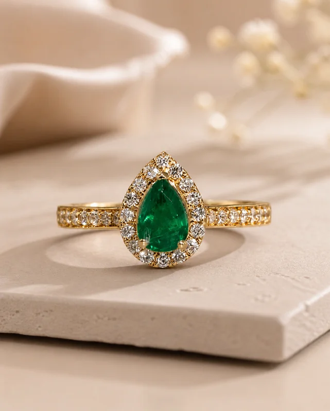 Emerald Halo Pear-Cut Gold Ring