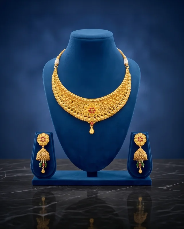 Traditional Gold Necklace Set with Jhumka Earrings